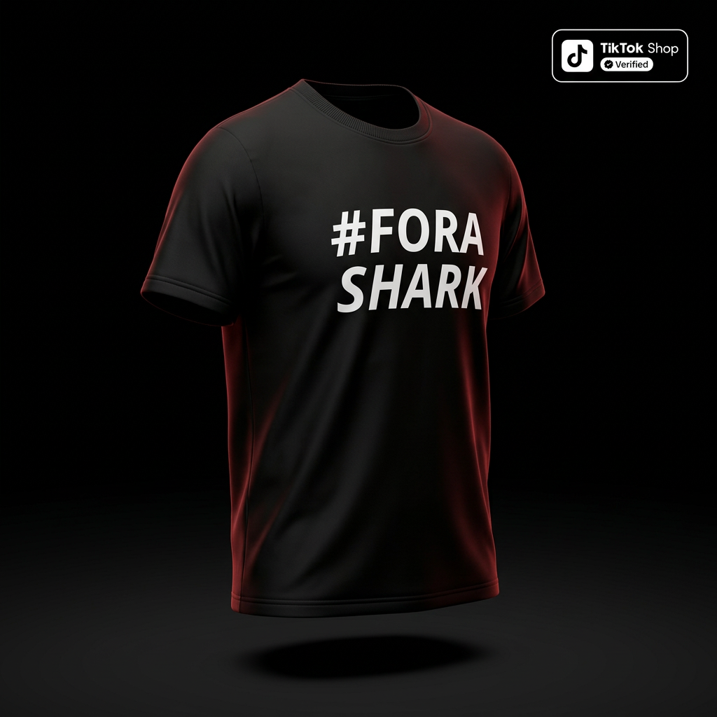 Mockup de camiseta preta com #FORASHARK em branco